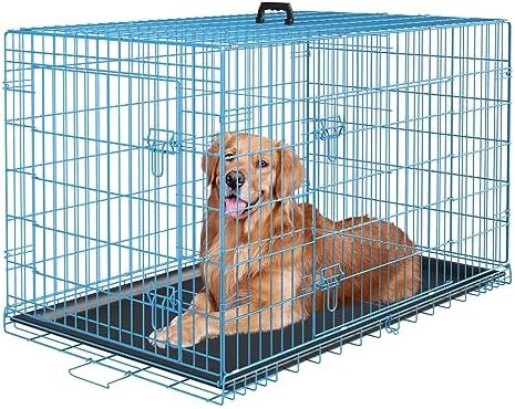 Blue Collapsible Wire Crate for Large Dogs