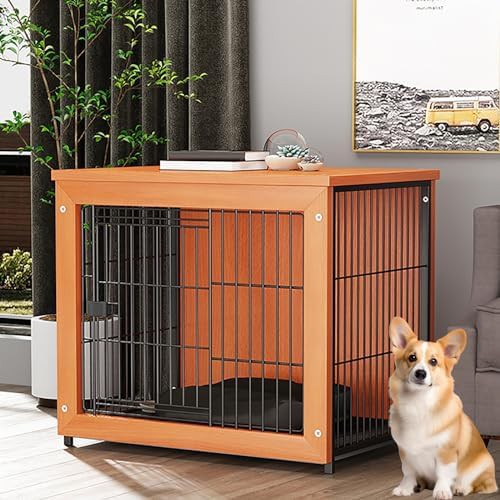 Walnut wooden end table dog crate