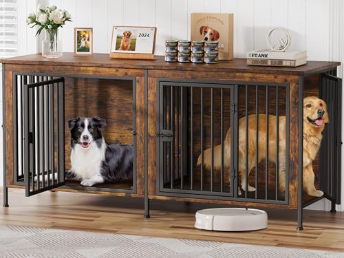 Brown wooden furniture double dog crate