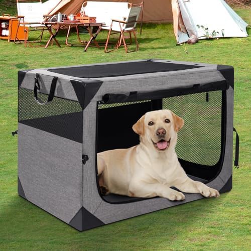 Grey soft travel crate with storage pocket