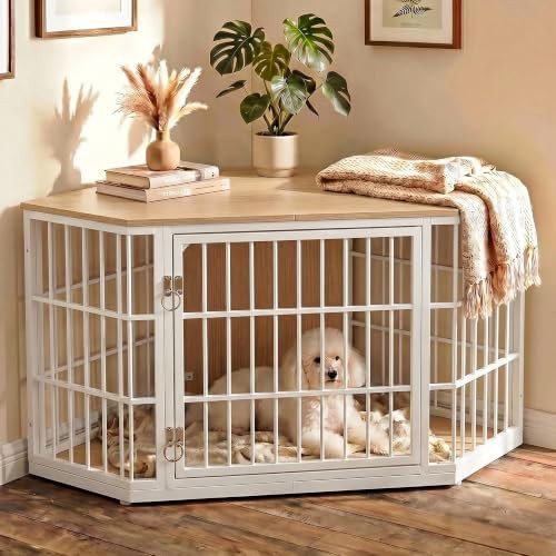 Natural Wood Corner Dog Crate Furniture 52 Inch