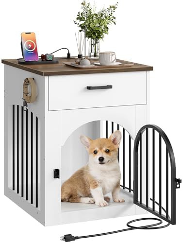 White wooden furniture style dog crate with storage