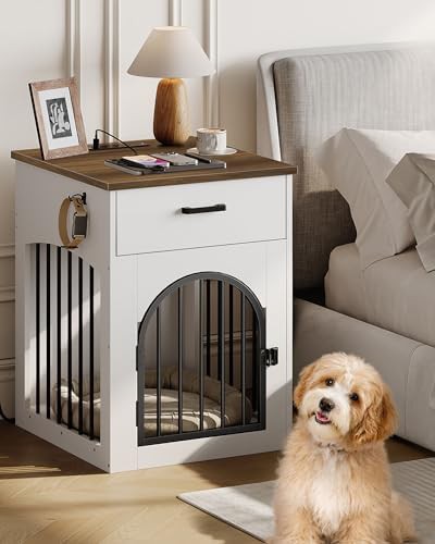 White wooden furniture style dog crate with storage — photo 3