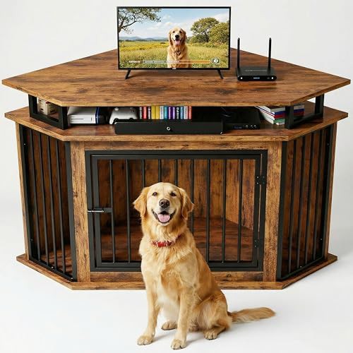 Large Corner Dog Crate Furniture with 2-Tier Shelves