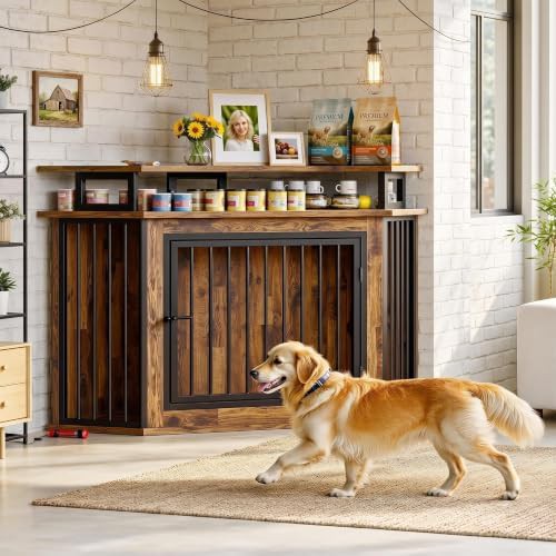 Large Corner Dog Crate Furniture with 2-Tier Shelves — photo 3