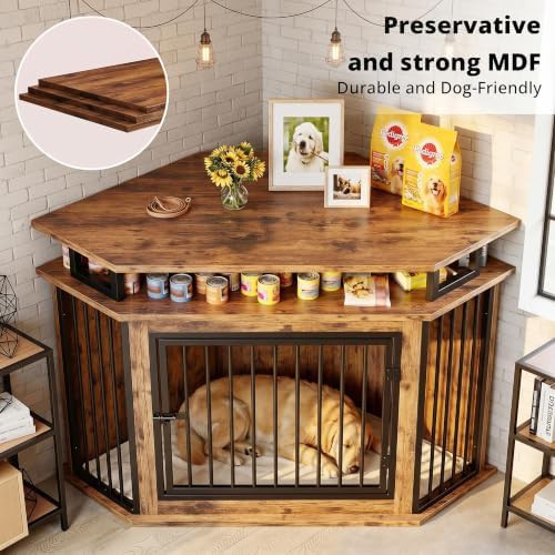 Large Corner Dog Crate Furniture with 2-Tier Shelves — photo 4