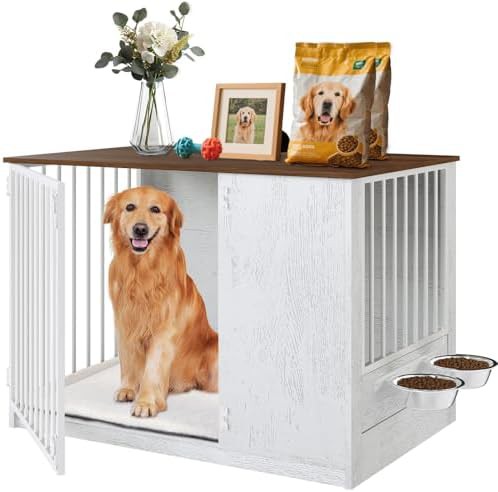 White wooden crate with swivel door and feeder