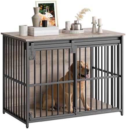 Greige sliding barn door dog kennel