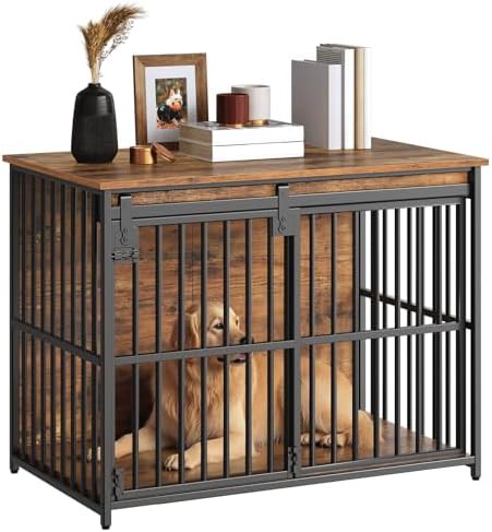 Rustic brown sliding barn door kennel