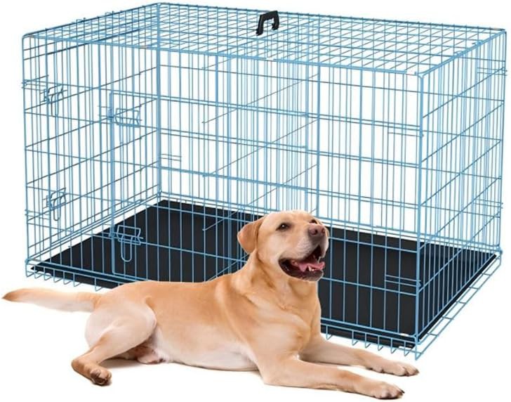 Folding metal dog crate with double door and tray