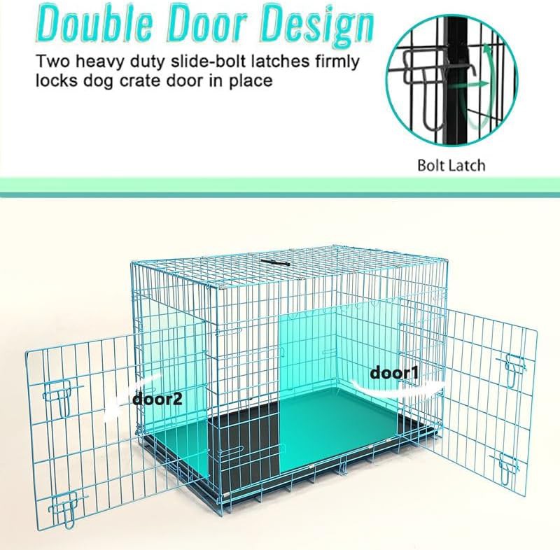 Folding metal dog crate with double door and tray — photo 4