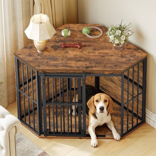 Corner wooden dog kennel with sliding barn door