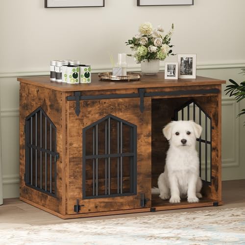 Rustic brown sliding barn door dog crate 31.5