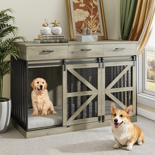 Grey farmhouse dog crate with storage drawers