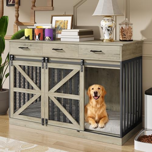 Grey farmhouse dog crate with storage drawers — photo 3