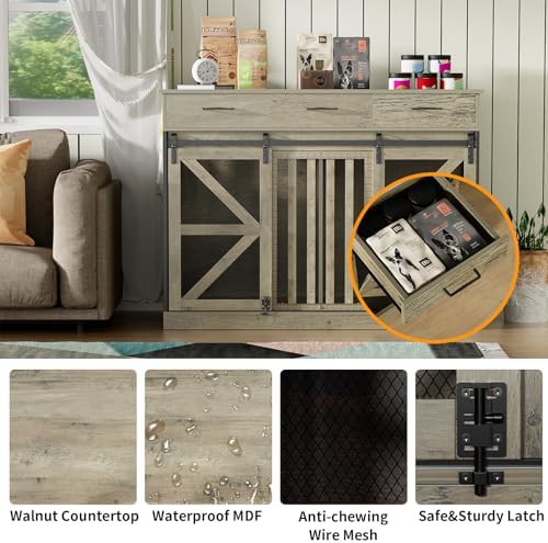 Grey farmhouse dog crate with storage drawers — photo 4