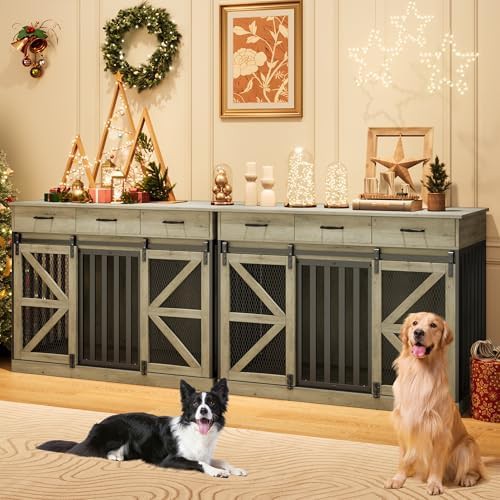 Grey farmhouse dog crate with storage drawers — photo 5