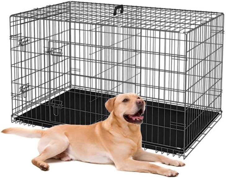 Double door folding metal dog crate with tray