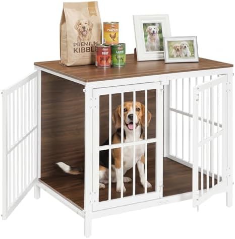 White and walnut three door dog kennel