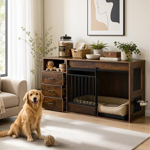 Large wooden dog crate with storage drawers
