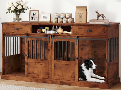 Double dog crate furniture with charging station