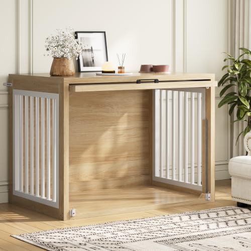 Oak wooden dog kennel with sliding door